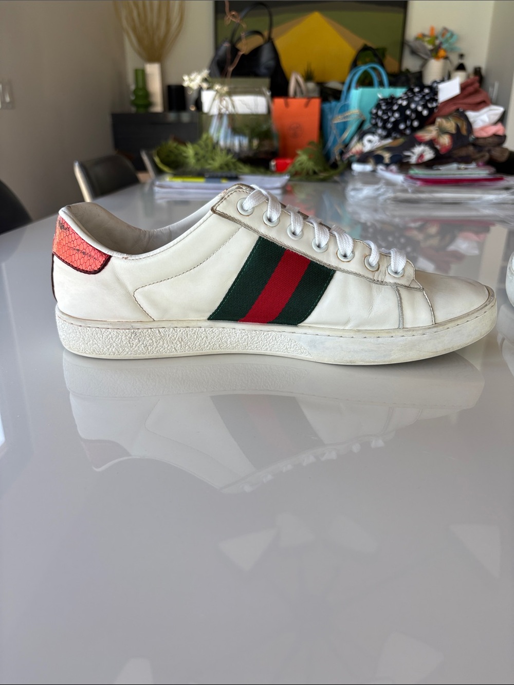 Gucci White Leather Sneakers with Green and Red Web and Gold Bee - Picture 7 of 8